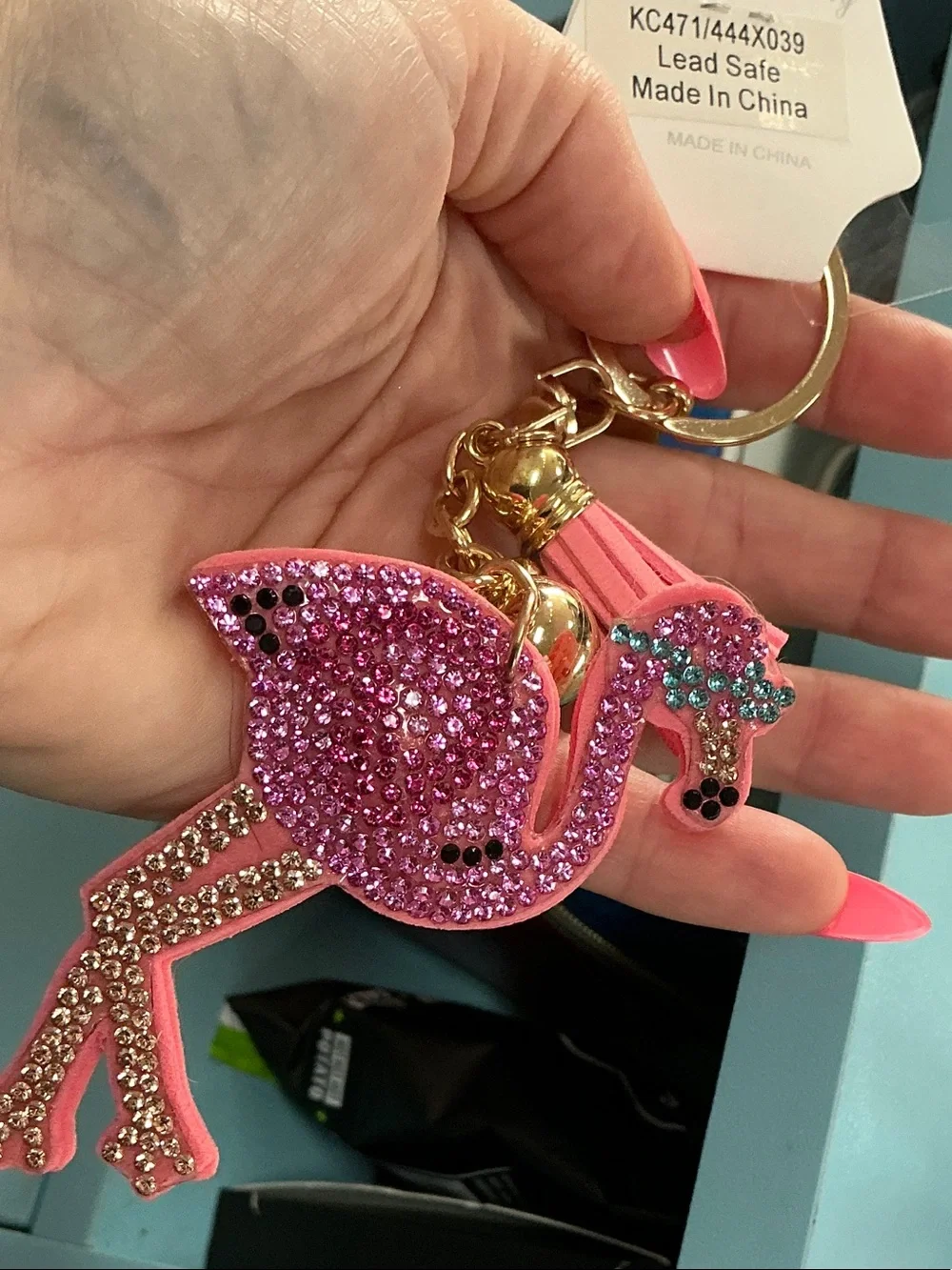 Fashion Jewelry Pink Rhinestone Flamingo Keychain with Gold Hardware
